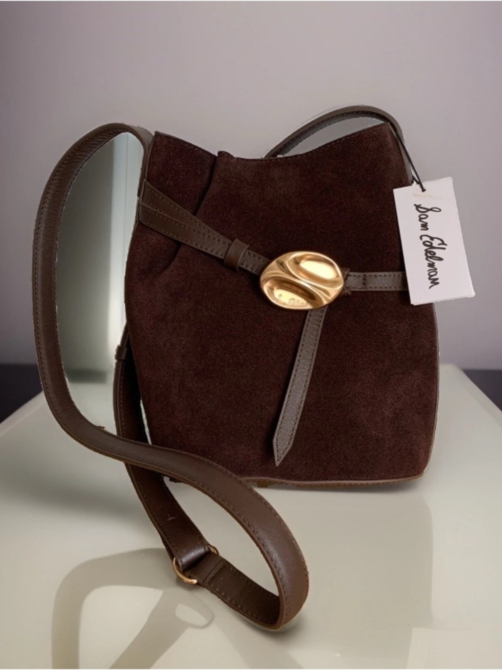 NWT Sam Edelman Crossbody Bucket Bag Small Pecan Brown Suede Rose Gold Hardware
